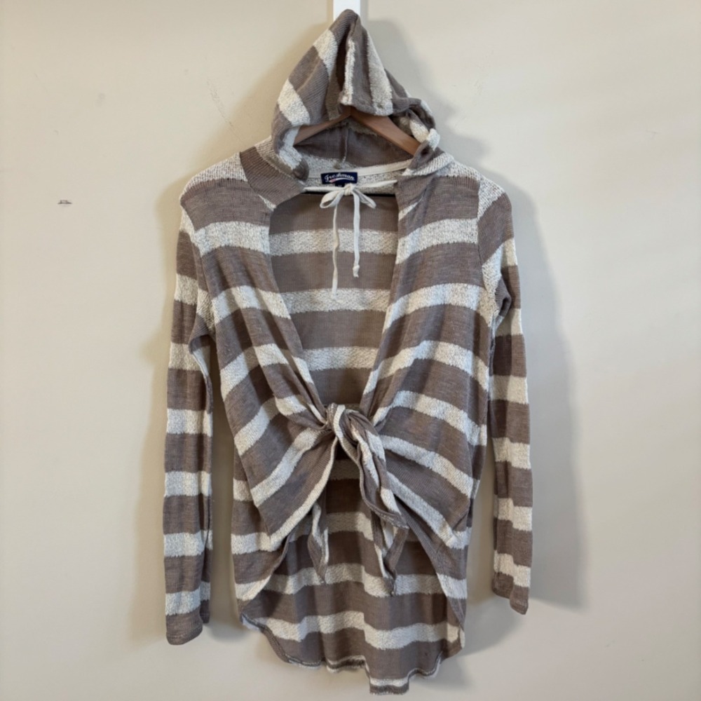 Tan White Striped Hooded Open Front Tie Cardigan Lightweight Knit Sweater